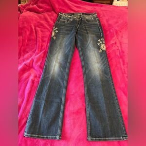 Rock & Roll Cowgirl Dark Blue Flare Jeans with Embellishments